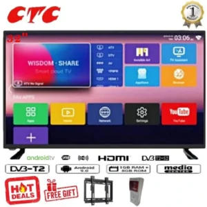 CTC 32" Inches Television Bluetooth Enabled Smart Android TV, Netflix, Inbuilt Decoder Youtube Television Connect Inbuilt WIFI,APP STORE Smart Digital TV+FREE TVGuard+Bracket